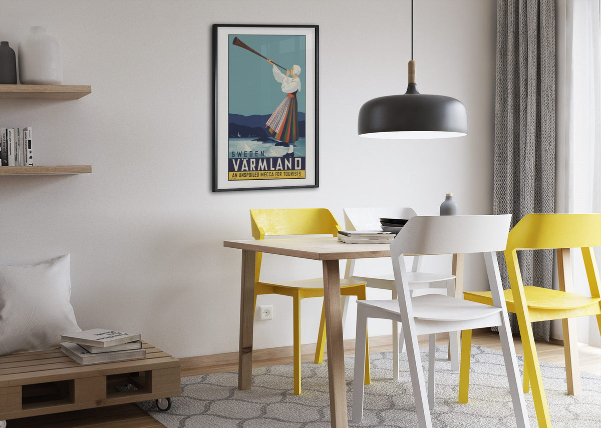 Varmland Sweden poster framed above a dining table