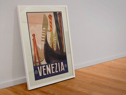 Venezia Gondolas poster in a white frame leaning against a wall