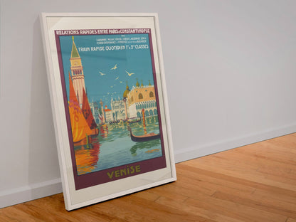Venise Paris to Constantinople Express poster in a white frame leaning against a wall