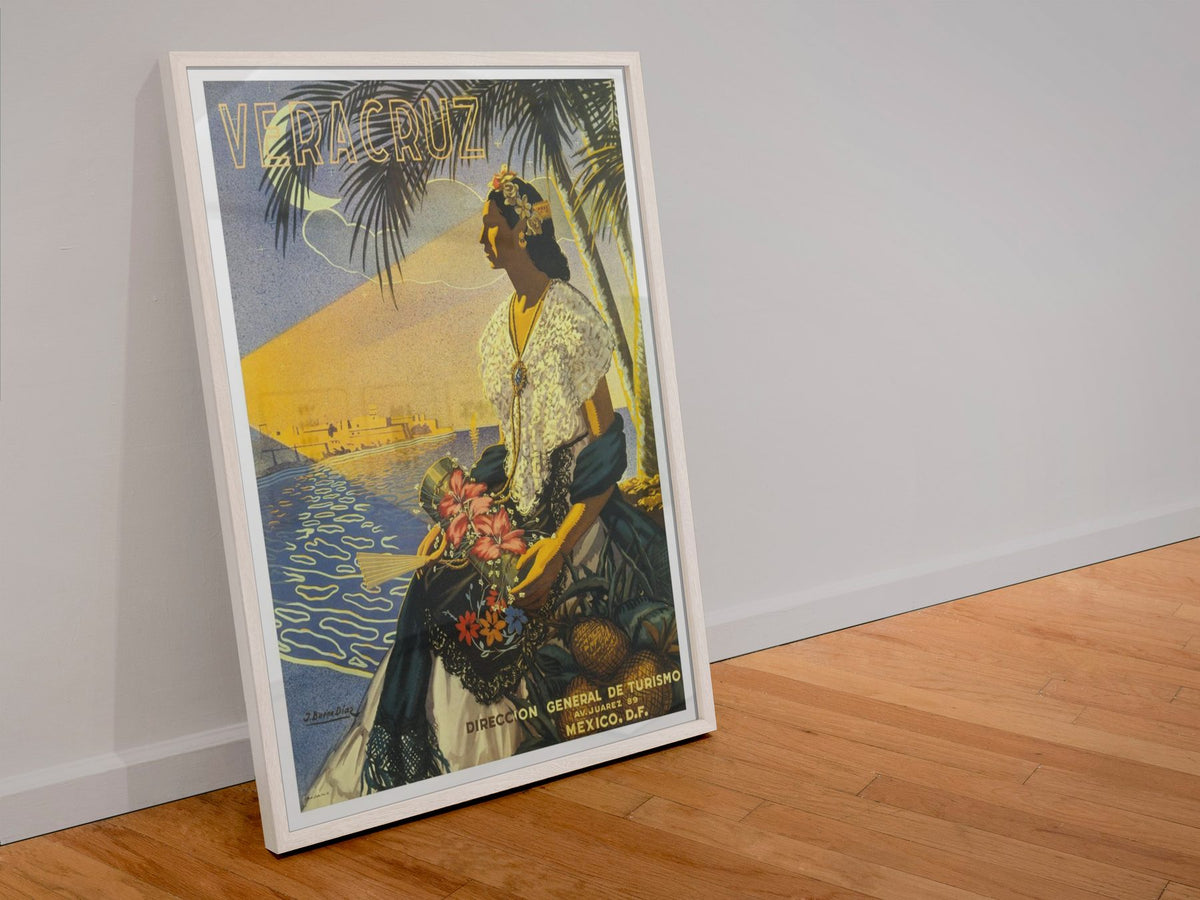 Veracruz Mexico poster in a white frame leaning against a wall