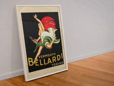 Vermouth Bellardi Torino poster in a white frame leaning against a wall