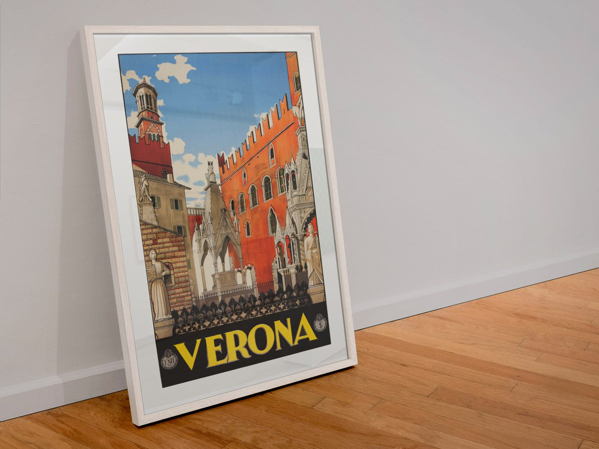 Verona Italy 1938 poster in a white frame leaning against a wall