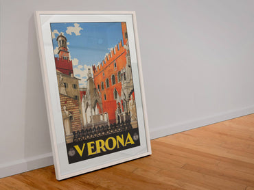 Verona Italy 1938 poster in a white frame leaning against a wall