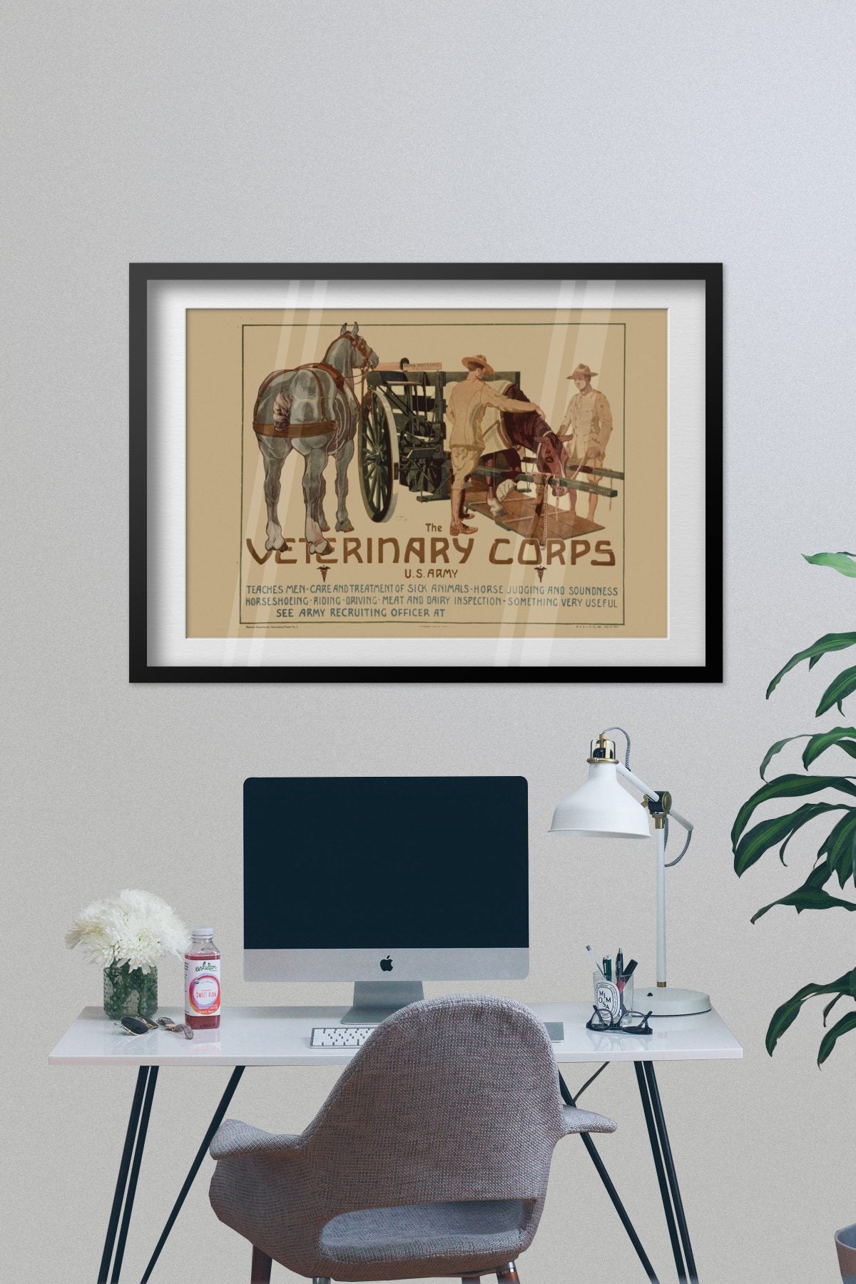 Veterinary Corps U.S. Army poster framed on a grey wall above a desk
