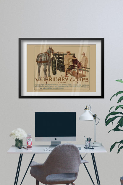 Veterinary Corps U.S. Army poster framed on a grey wall above a desk
