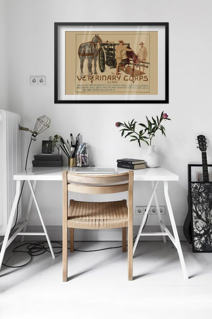 Veterinary Corps U.S. Army poster framed above a desk in a bright white room