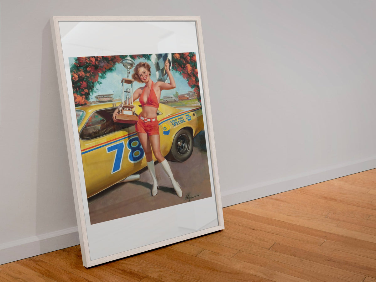Victory! by Gil Elvgren, pin-up poster — leaning frame