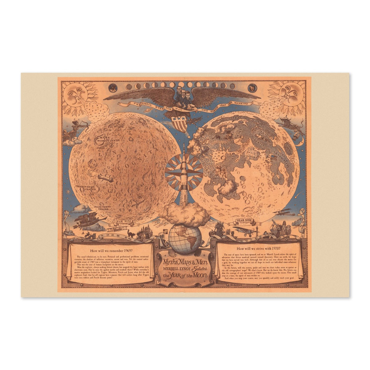 Vintage illustrated Moon map poster print