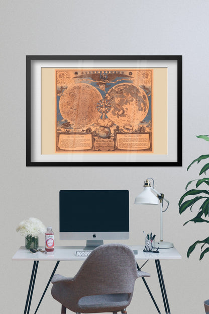 Vintage illustrated Moon map poster framed above a desk with a computer