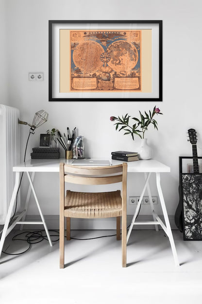 Vintage illustrated Moon map poster framed in a bright home office
