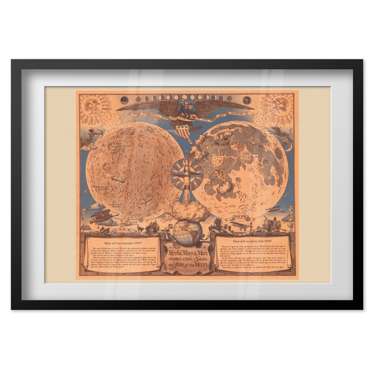Vintage illustrated Moon map poster in a black frame
