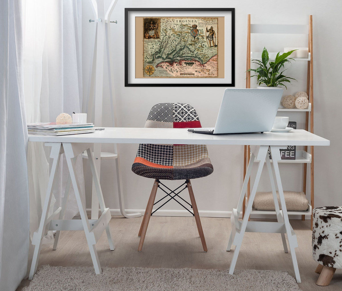 Virginia 1620s Map print framed above a white desk in a home office
