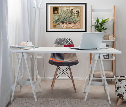 Virginia 1620s Map print framed above a white desk in a home office