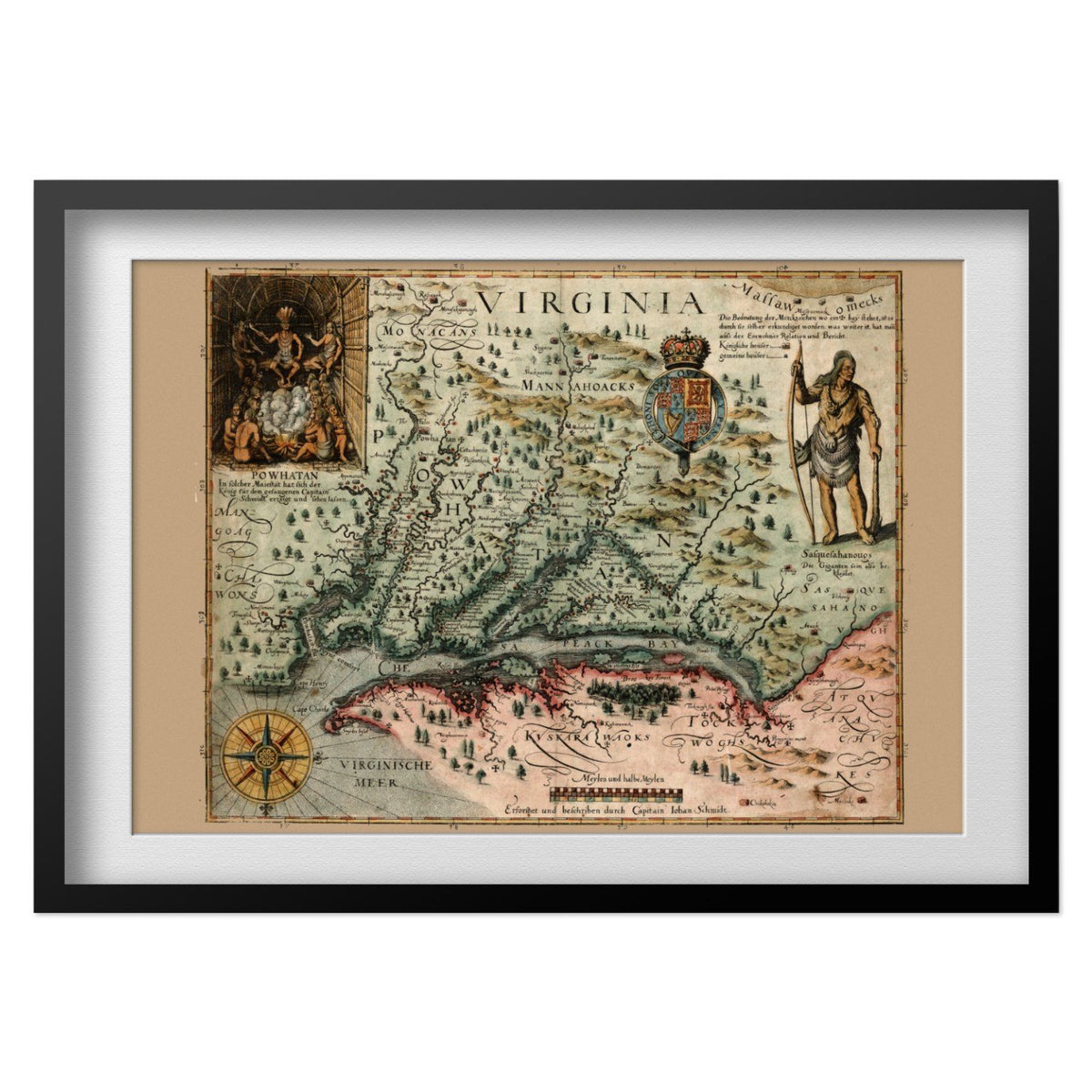 Virginia 1620s Map print in a black frame with a white mat
