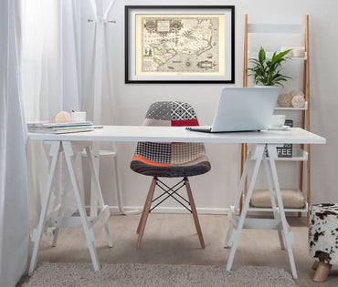 Virginia & Florida 1623 Map print framed above a white desk in a home office