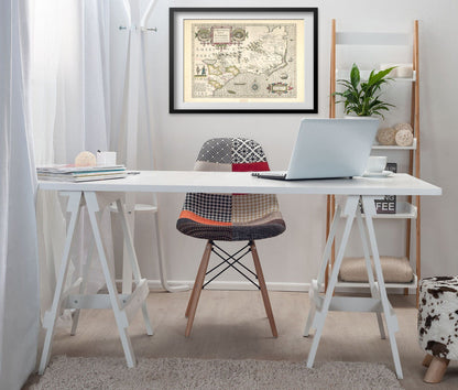 Virginia & Florida 1623 Map print framed above a white desk in a home office