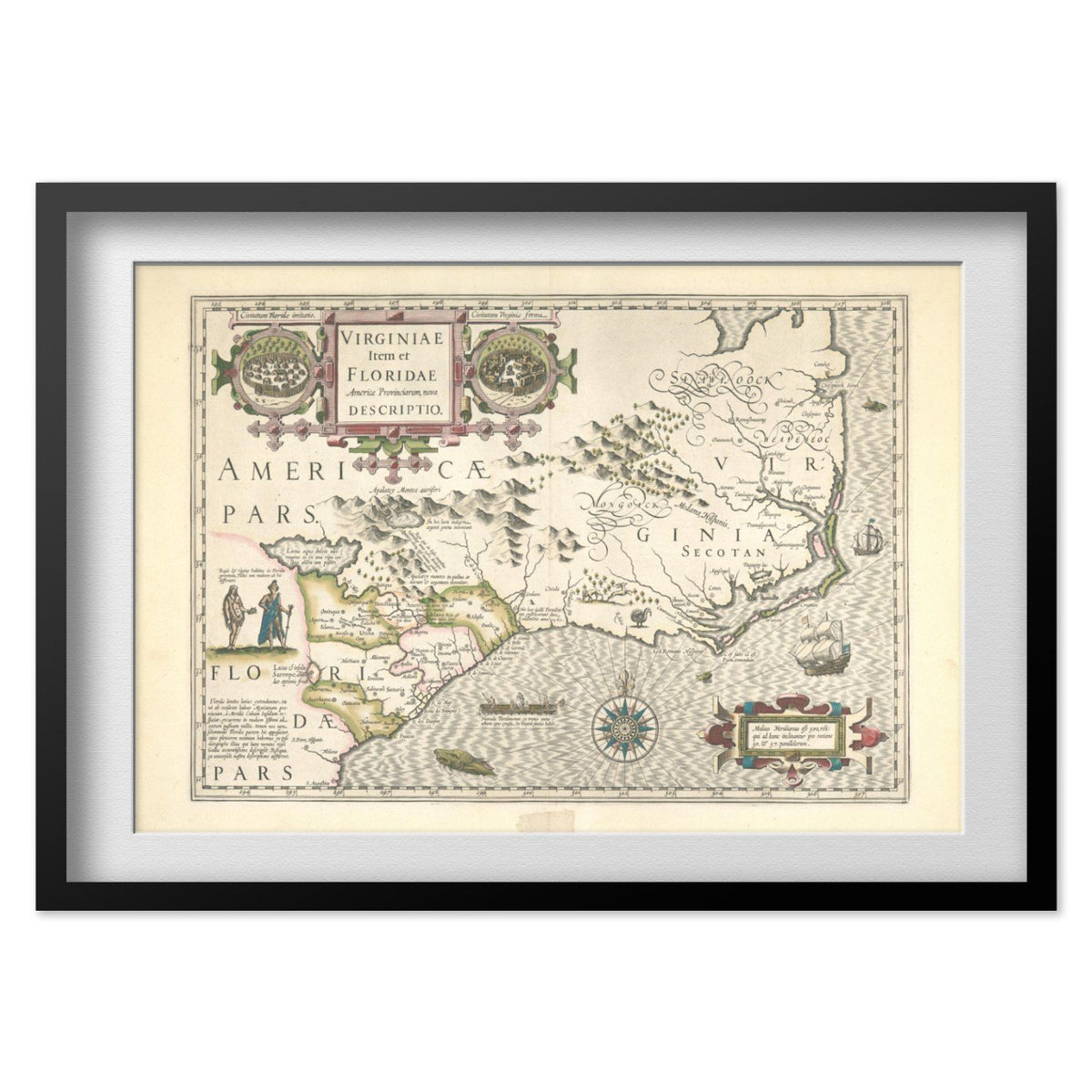 Virginia & Florida 1623 Map print in a black frame with a white mat