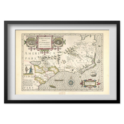 Virginia & Florida 1623 Map print in a black frame with a white mat