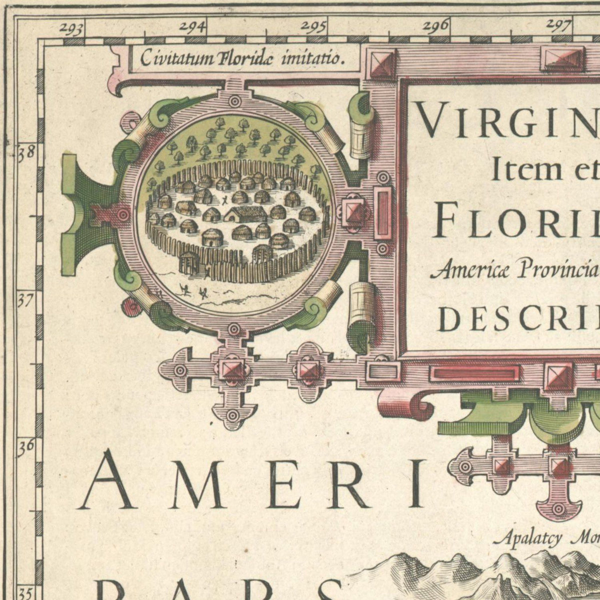 Close-up detail of the Virginia & Florida 1623 Map