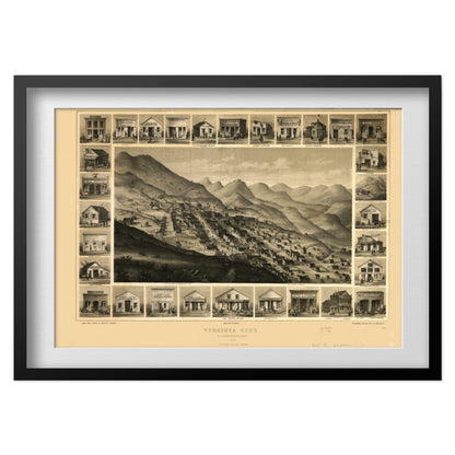 Virginia City 1861 Panoramic Map print in a black frame