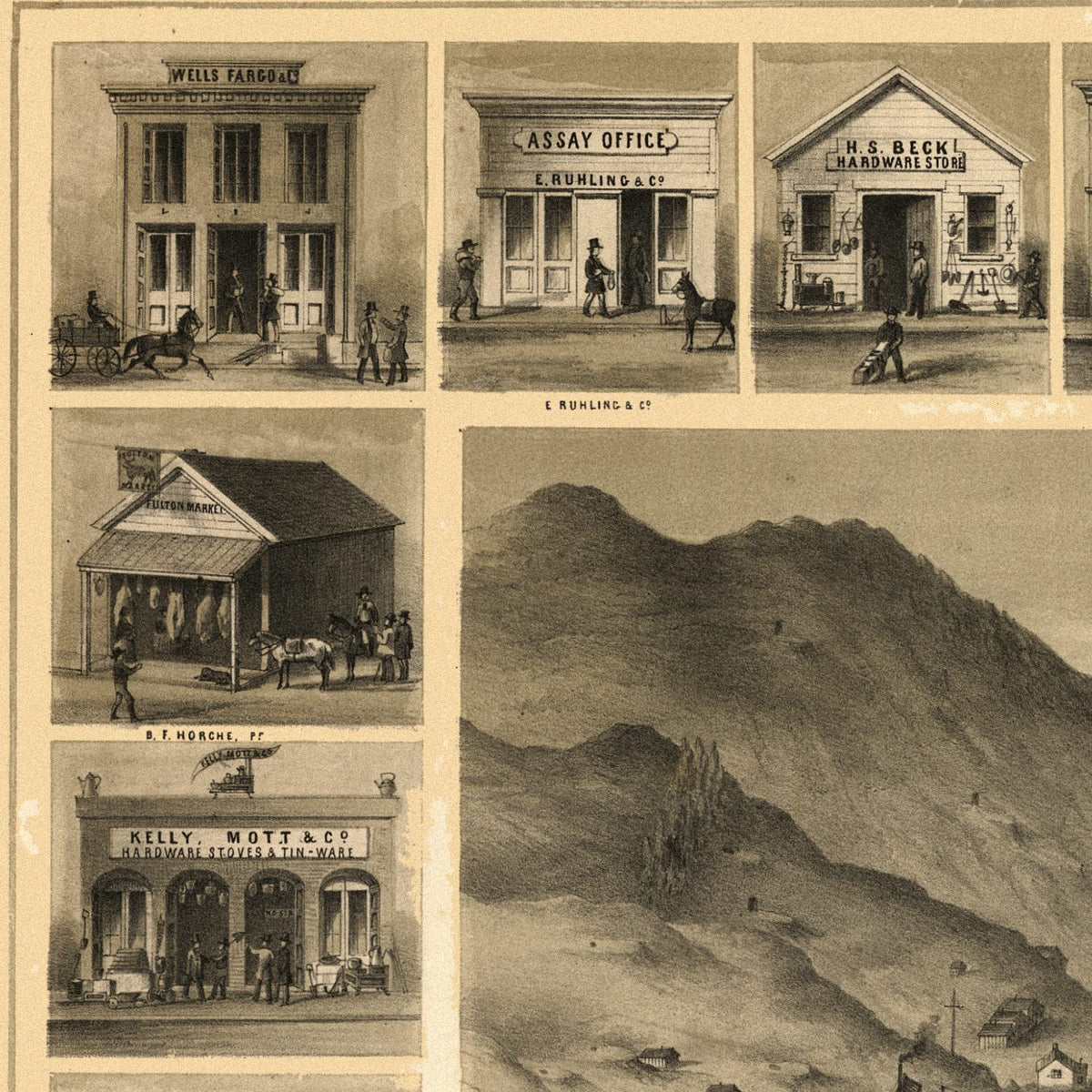 Close-up detail of the Virginia City 1861 Panoramic Map print