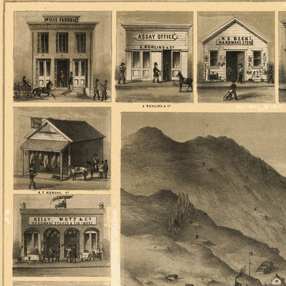Close-up detail of the Virginia City 1861 Panoramic Map print