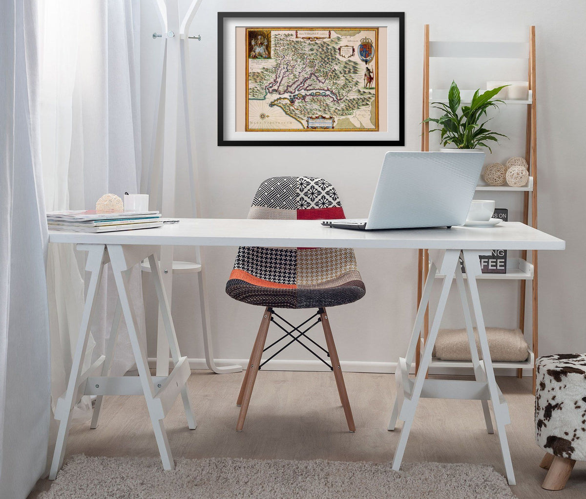 Virginia Colonies 1630s Map print framed above a white desk in a home office