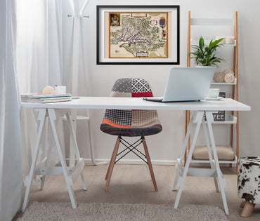 Virginia Colonies 1630s Map print framed above a white desk in a home office