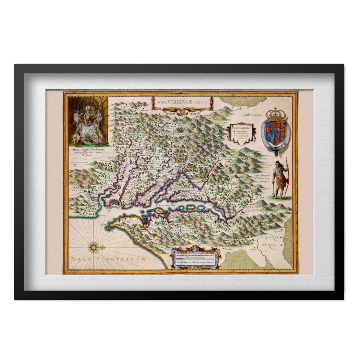 Virginia Colonies 1630s Map print in a black frame with a white mat