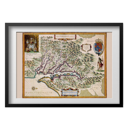 Virginia Colonies 1630s Map print in a black frame with a white mat