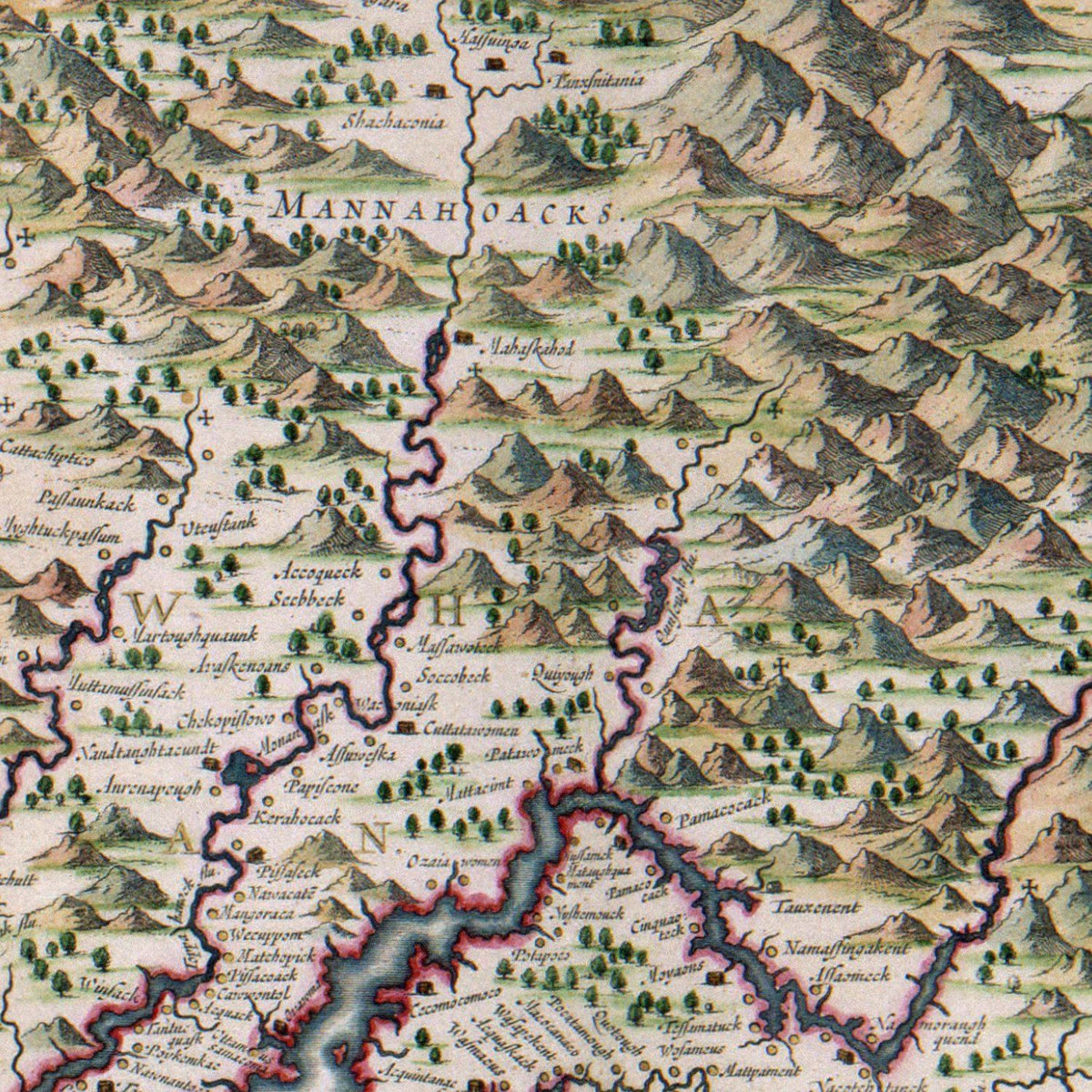 Close-up detail of the Virginia Colonies 1630s Map