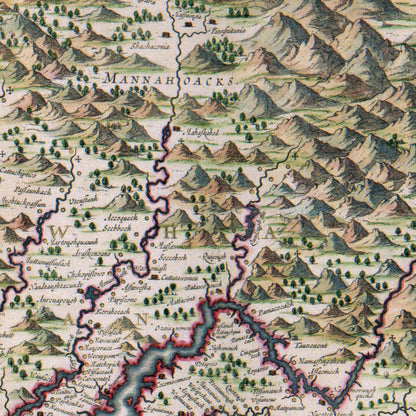 Close-up detail of the Virginia Colonies 1630s Map