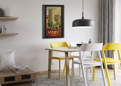 Visby — Town of Ruins and Roses poster framed above a dining table