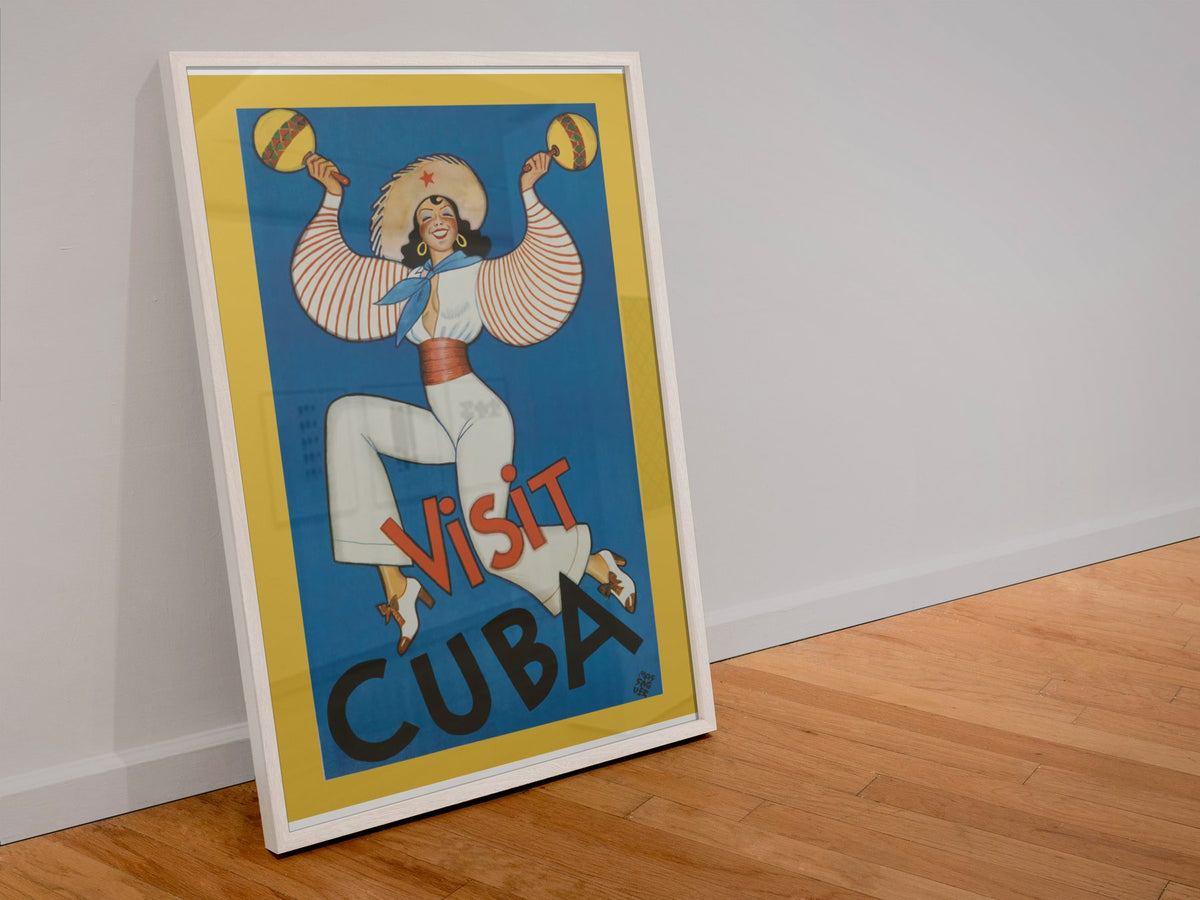 Visit Cuba Rumba Dancer poster in a white frame leaning against a wall