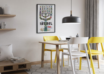 Visit Israel Fly TWA poster framed above a dining table