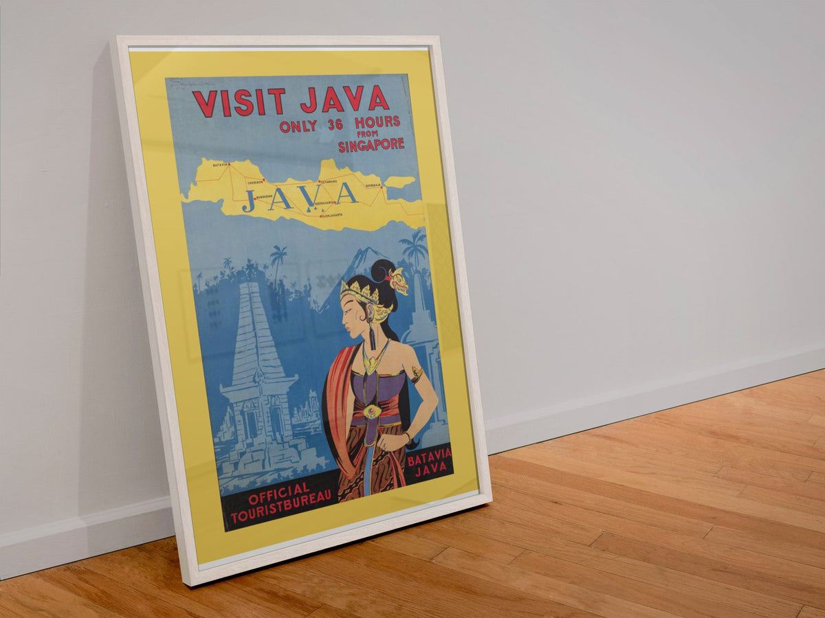 Visit Java poster in a white frame leaning against a wall