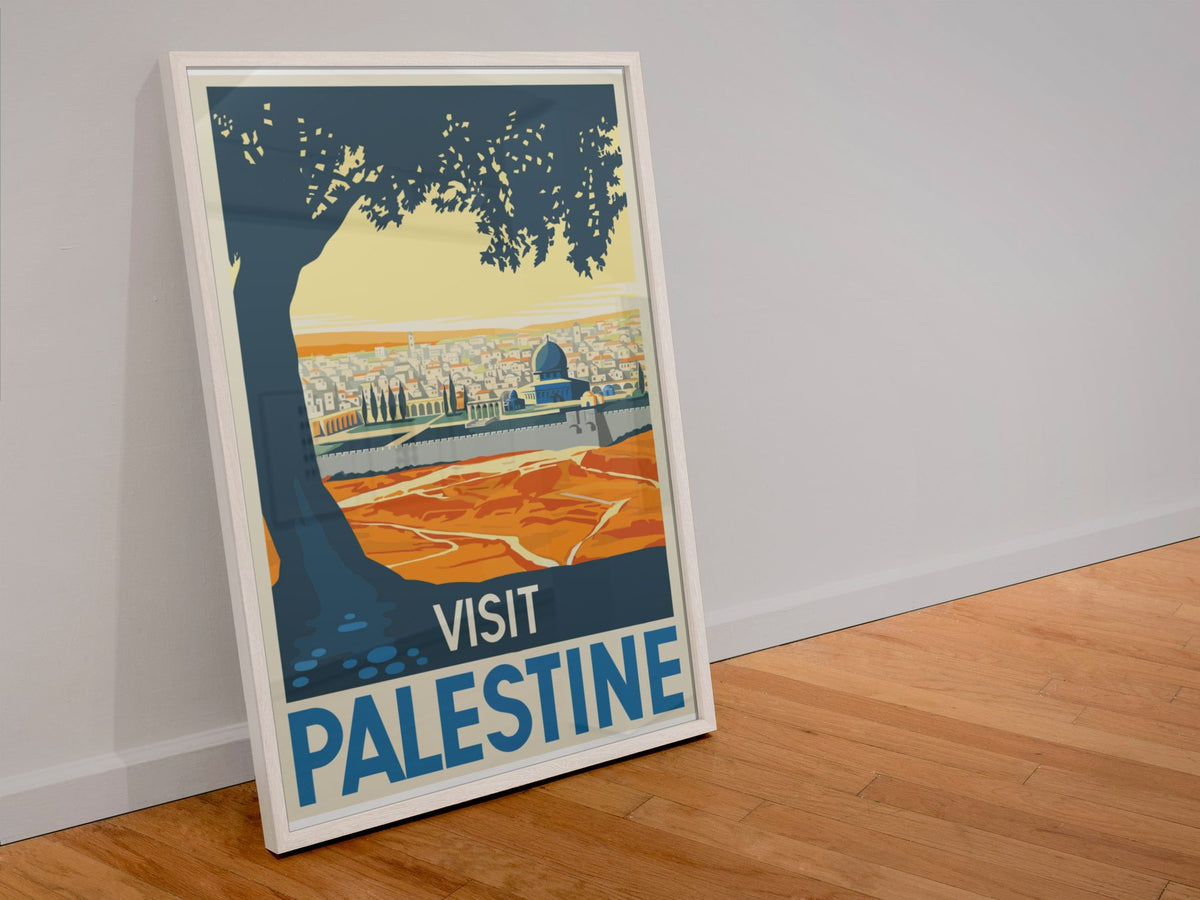 Visit Palestine Old Jerusalem poster in a white frame leaning against a wall
