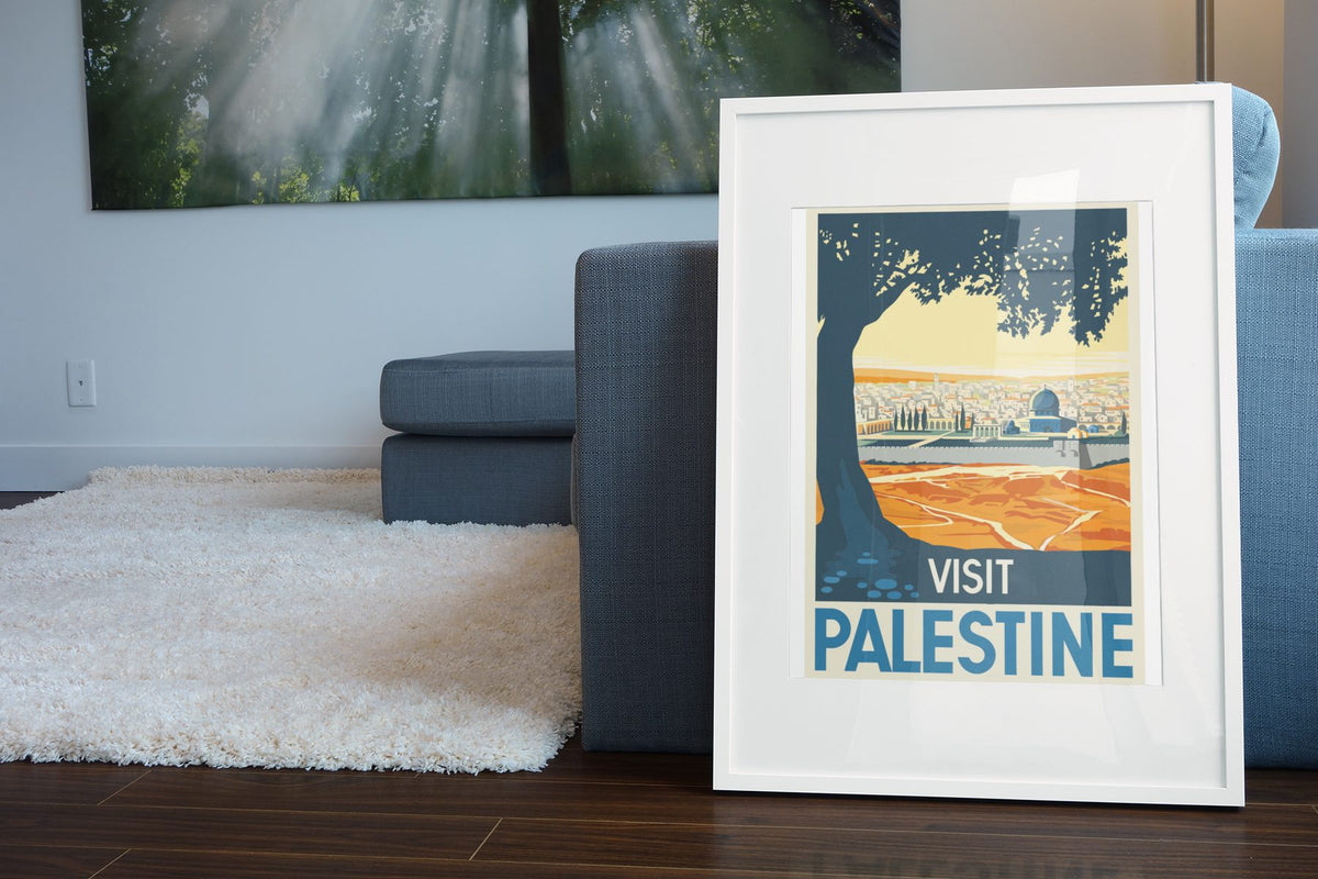 Visit Palestine Old Jerusalem poster leaning beside a blue sofa