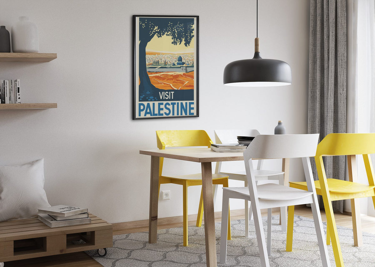 Visit Palestine Old Jerusalem poster framed above a dining table