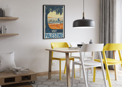 Visit Palestine Old Jerusalem poster framed above a dining table