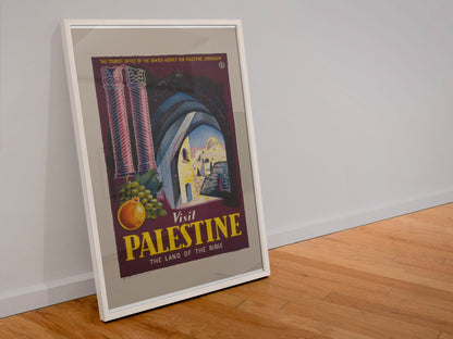 Visit Palestine Land of the Bible poster in a white frame leaning against a wall