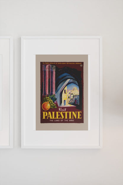 Visit Palestine Land of the Bible poster on a light wall