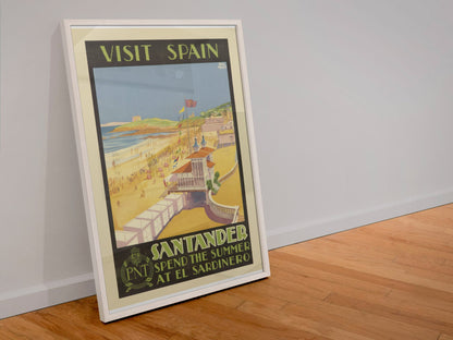 Visit Spain Santander poster in a white frame leaning against a wall