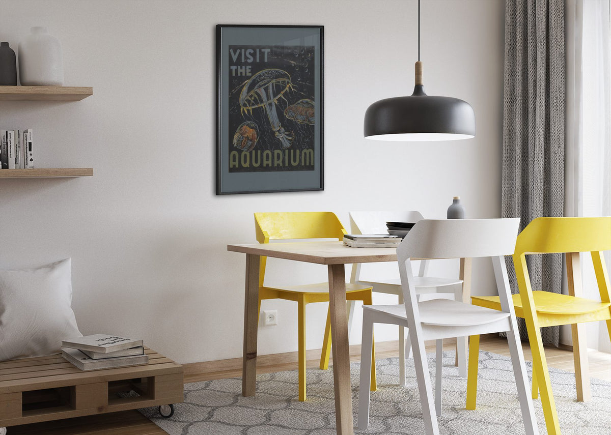 Visit the Aquarium Jellyfish poster framed above a dining table