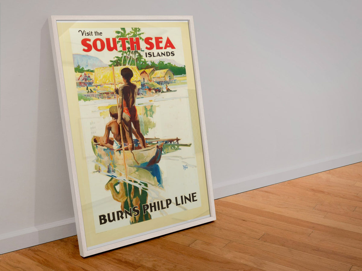 Visit South Sea Islands Burns Philp poster in a white frame leaning against a wall