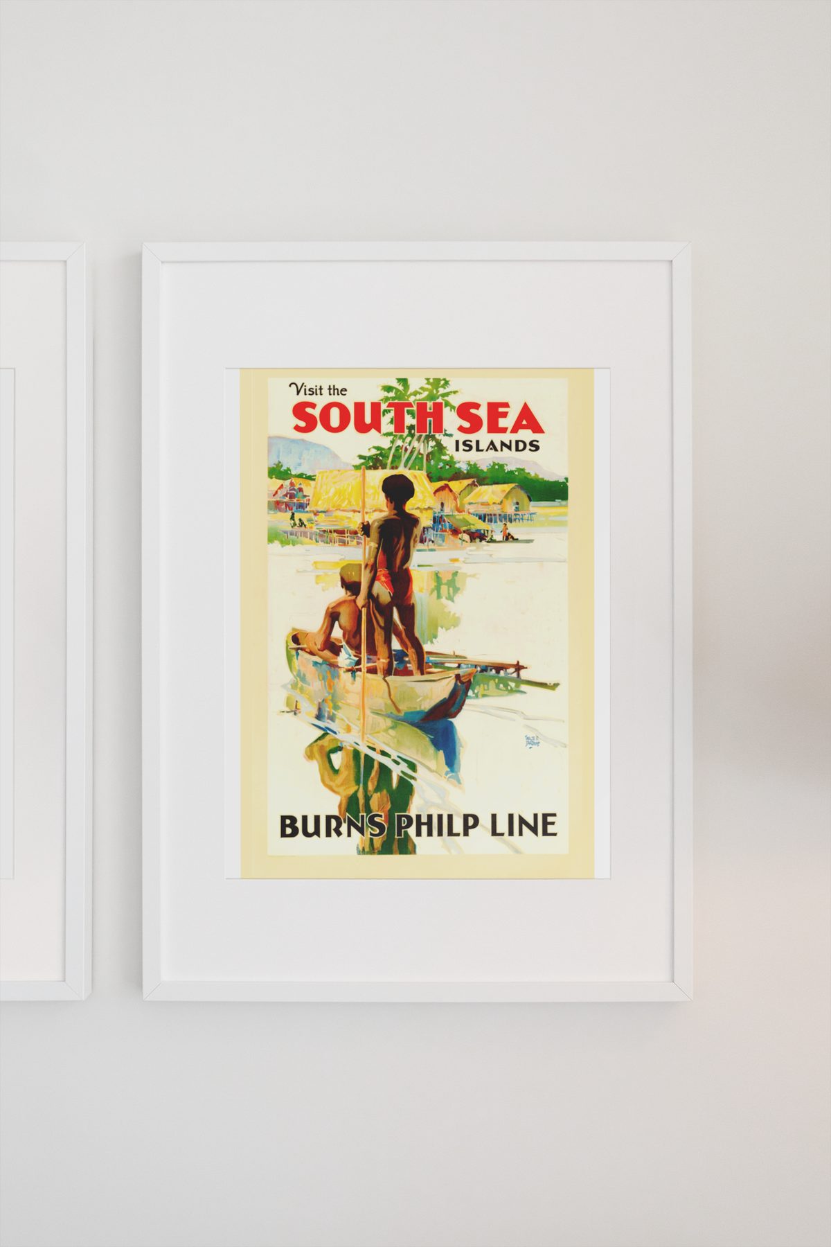 Visit South Sea Islands Burns Philp poster on a light wall