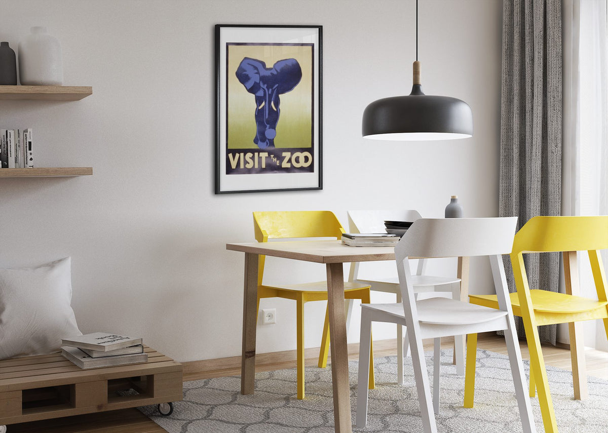 Visit the Zoo Elephant poster framed above a dining table