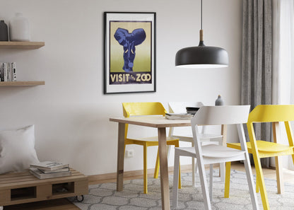 Visit the Zoo Elephant poster framed above a dining table