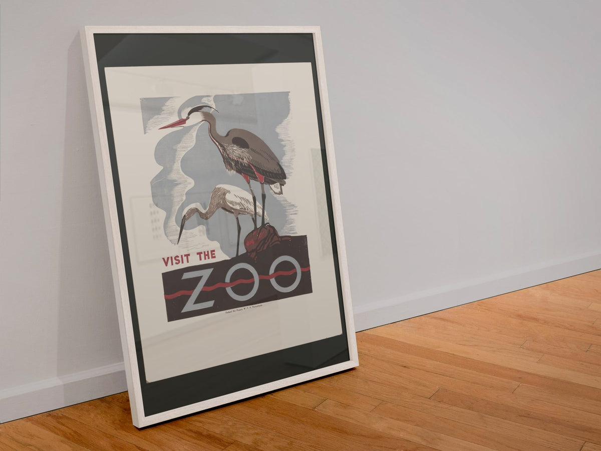 Visit the Zoo Herons poster in a white frame leaning against a wall