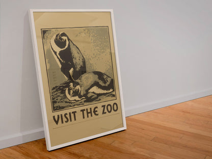 Visit the Zoo Penguin poster in a white frame leaning against a wall